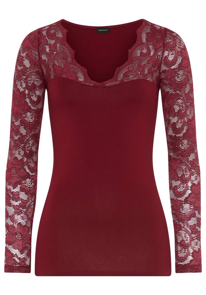 Laura Scott Spitzenshirt mit tiefem V-Ausschnitt, Langarm sehr figurbetonte Passform, ohne Bündchen am Ärmelabschluss – Bild 5 von 5