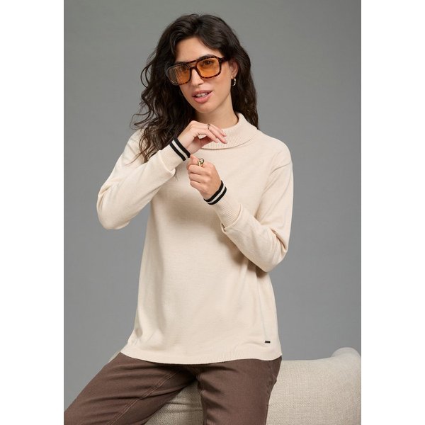 Laura Scott Strickpullover aus Feinstrick, hüftlange Schnittform mit Rollkragen und Kontraststreifen