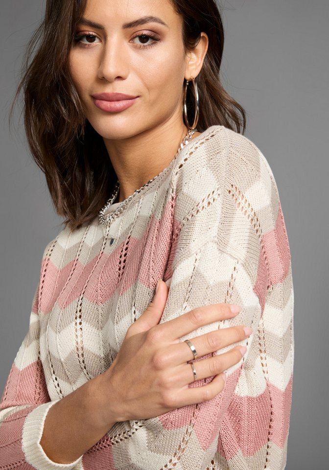 Laura Scott Strickpullover leichter Übergangspullover mit Ajourmuster und 3/4 Ärmeln – Bild 3 von 5