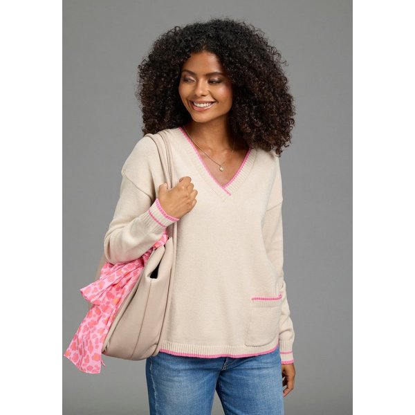 Laura Scott V-Ausschnitt-Pullover mit aufgesetzter Tasche und lässiger Passform mit Kontraststreifen