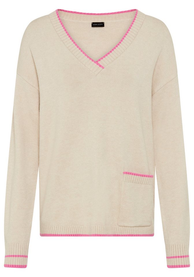 Laura Scott V-Ausschnitt-Pullover mit aufgesetzter Tasche und lässiger Passform mit Kontraststreifen – Bild 5 von 5