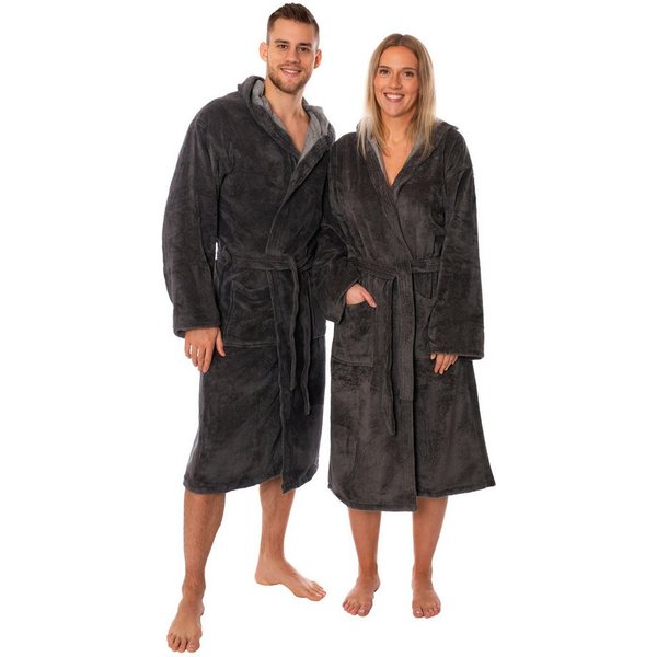 Lavea Bademantel Damen und Herren, Unisex Morgenmantel Madrid mit Kapuze, Lang, 40 % Polyester, 30 % Baumwolle, 30 % Viskose, Bindegürtel aus Soft-Velour, pfleg