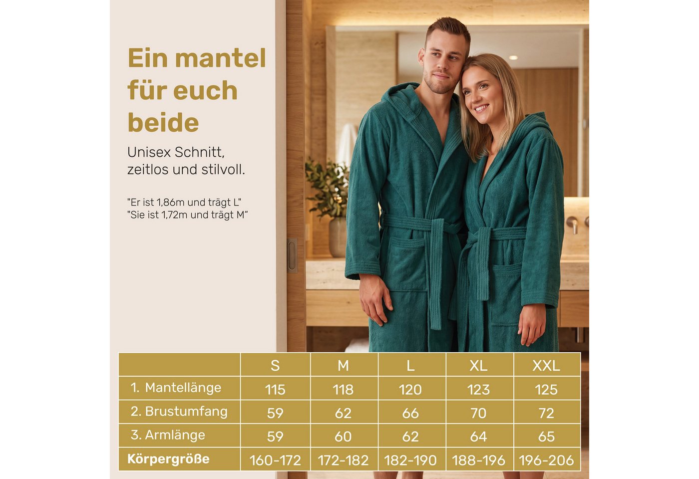Lavea Bademantel Damen und Herren, Morgenmantel Mexico, Hotelbademantel, Lang, 100% Baumwolle, mit Kapuze, hochwertiger Bindegürtel, Weich & Saugstark - Spa Fee – Bild 2 von 5