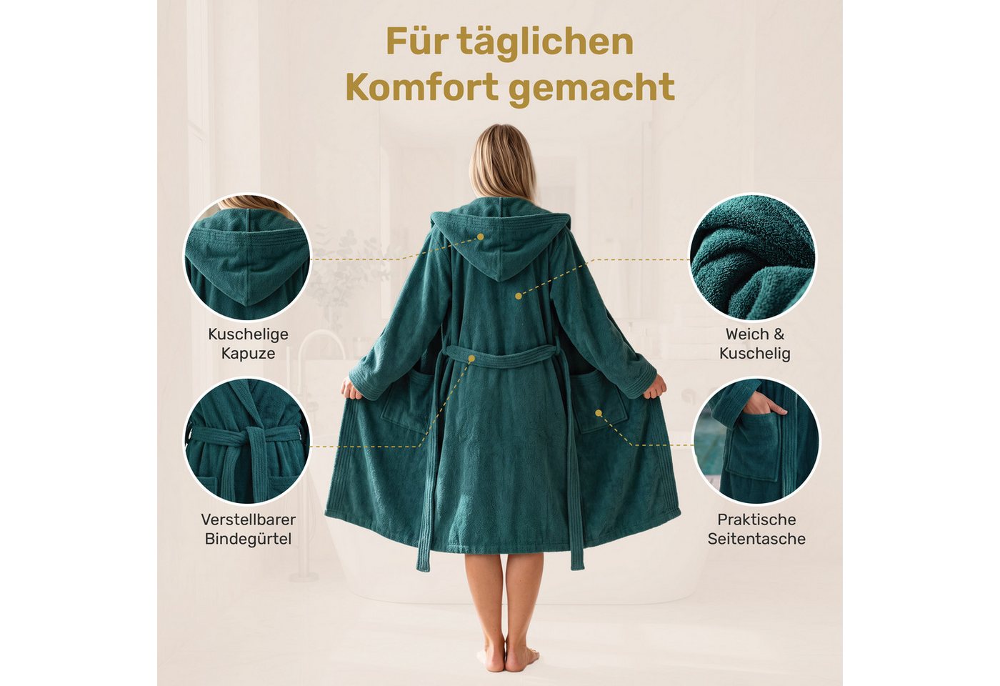Lavea Bademantel Damen und Herren, Morgenmantel Mexico, Hotelbademantel, Lang, 100% Baumwolle, mit Kapuze, hochwertiger Bindegürtel, Weich & Saugstark - Spa Fee – Bild 3 von 5