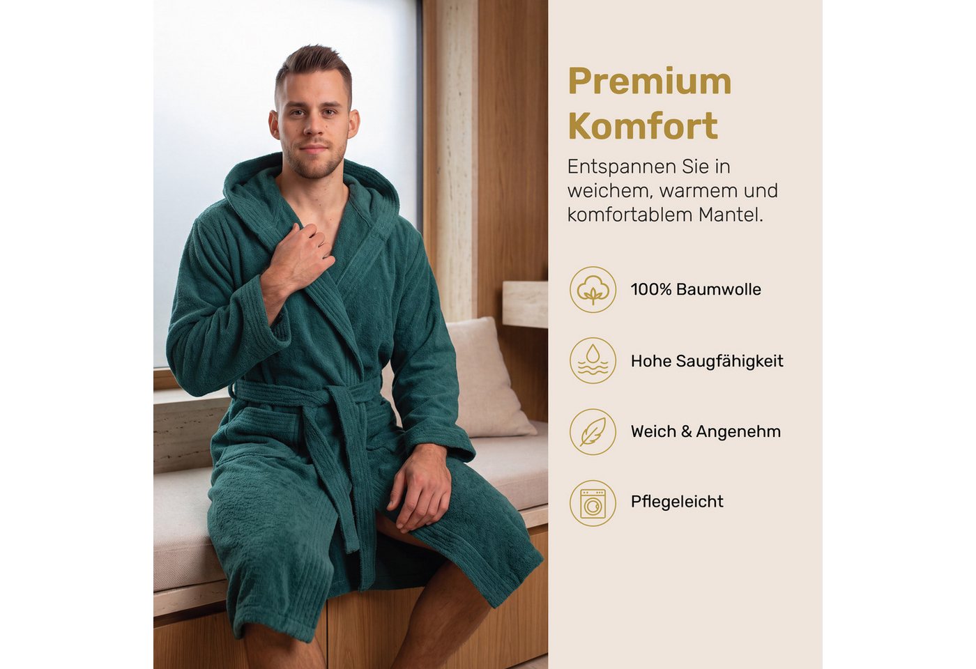 Lavea Bademantel Damen und Herren, Morgenmantel Mexico, Hotelbademantel, Lang, 100% Baumwolle, mit Kapuze, hochwertiger Bindegürtel, Weich & Saugstark - Spa Fee – Bild 4 von 5