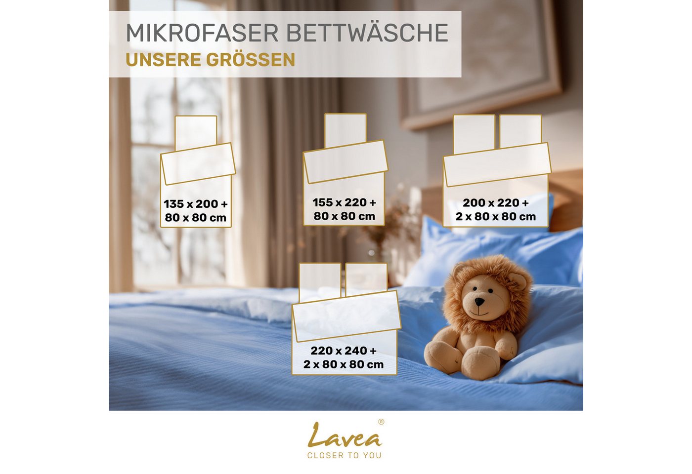 Lavea Bettwäsche Mikrofaser Bettwäsche-Sets mit Kissenbezügen und Bettbezügen, 2 teilig, Bettbezug und Kissenbezug mit Reißverschluss, weich, hypoallergen – Bild 5 von 5