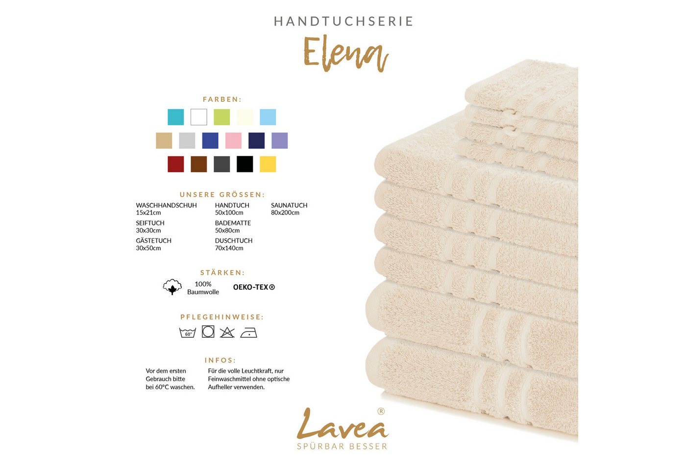 Lavea Gästehandtücher 30x50 cm, 10er Set Gästehandtuch, Elena-Frottee Handtuch, Gästetuch, (Set, 10-St), 500 g/m² Frottier, weich & saugstark, pflegeleicht – Bild 3 von 5