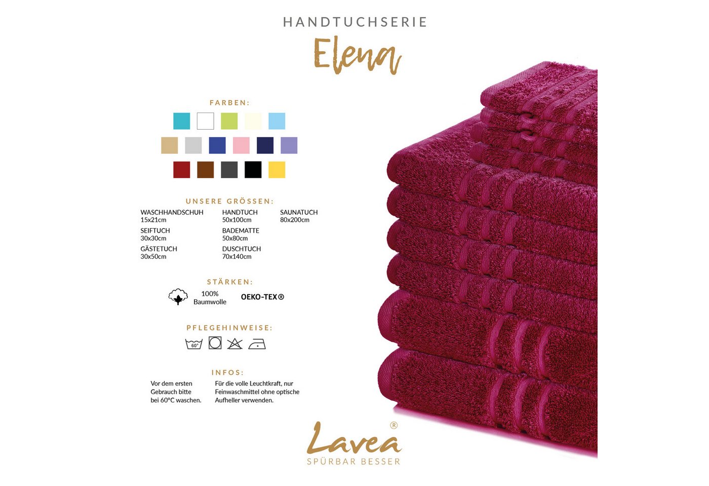 Lavea Waschhandschuh 10er Set Waschhandschuhe, 15 x 21 cm, Elena-Frottierserie, Waschlappen, 100% Baumwolle (10er Set), 500 g/m² Frottier, weich & saugstark, pf – Bild 3 von 5