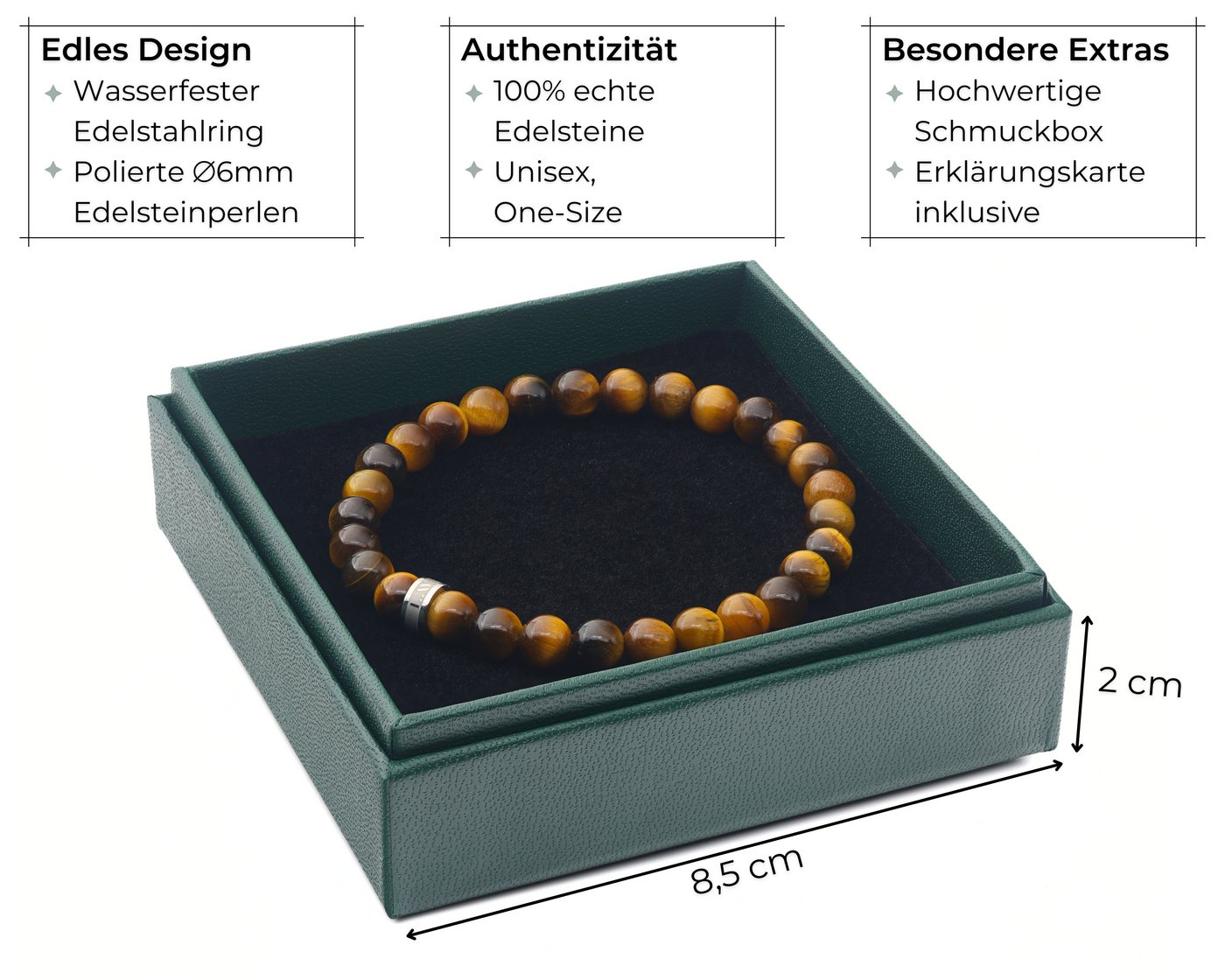 LAVISA Armband Armband 6mm Echte Edelstein Perlen, Kristalle, Onesize, Echte Edelsteine, Rostfreies Edelstahl, Wasserfest – Bild 4 von 5