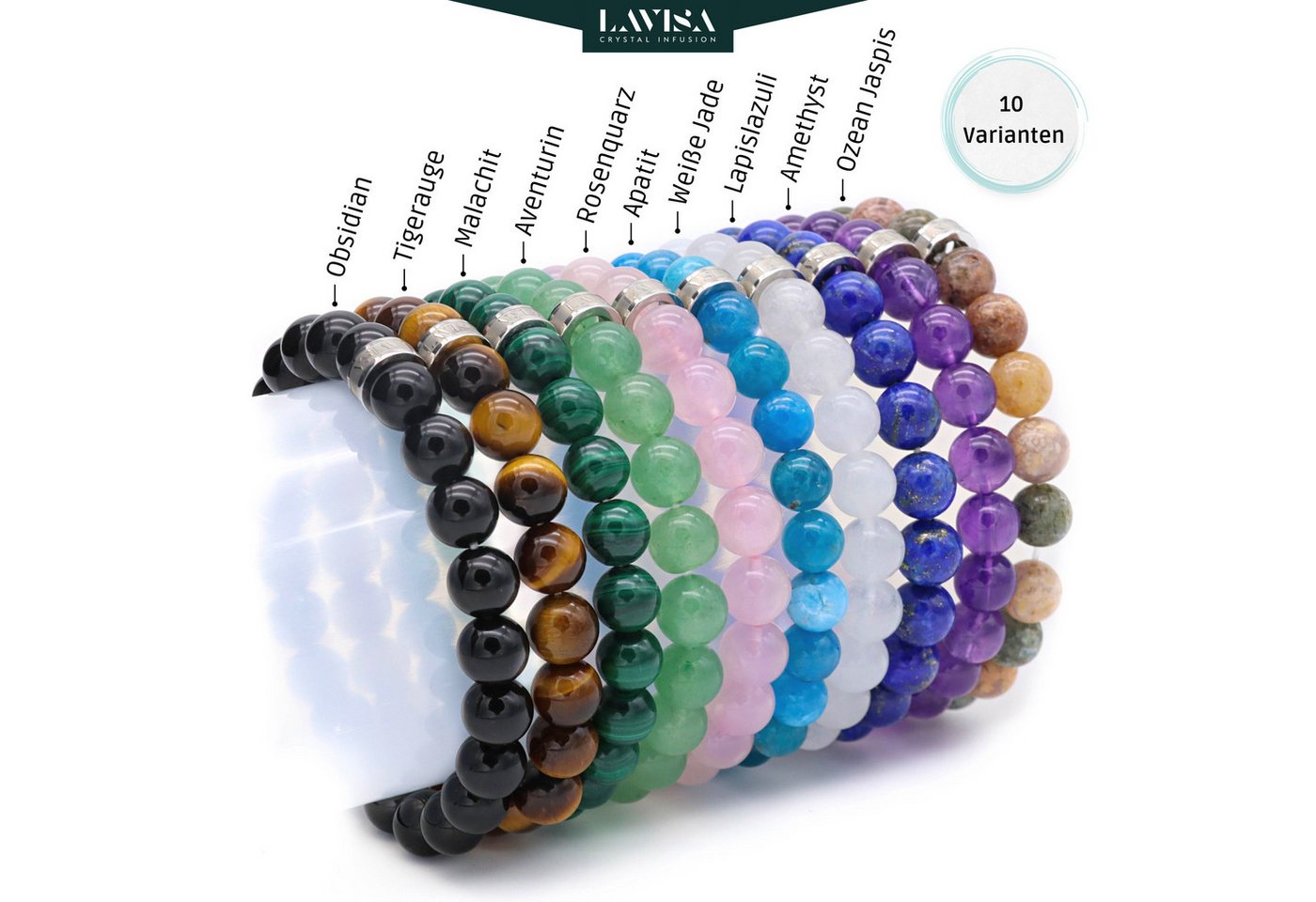 LAVISA Armband Armband Echte 8mm Edelstein Perlen, Kristalle, Onesize, Echte Edelsteine, Rostfreies Edelstahl, Wasserfest – Bild 4 von 5