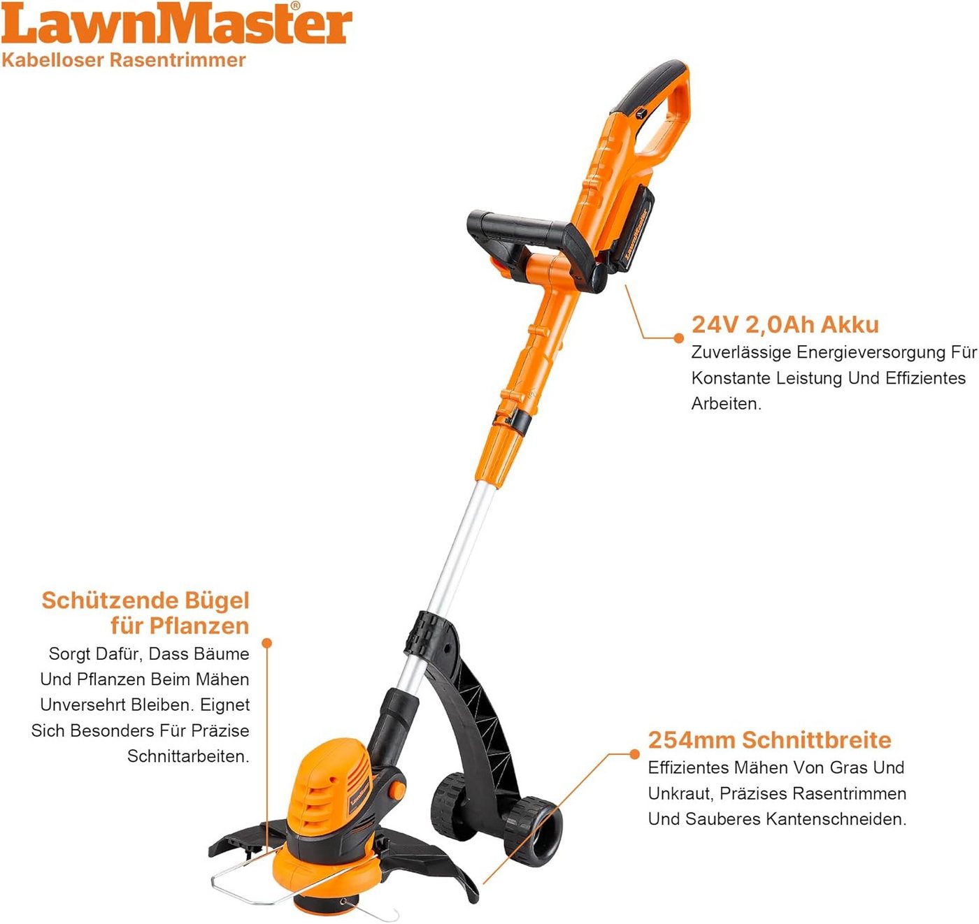 Lawnmaster Akku-Rasentrimmer 24V 2,0Ah, inkl. Akku und Ladegerät, 25 cm Arbeitsbreite Messer, (1 St), für größere Flächen, 2-in-1 Rasentrimmer & Kantenschneider – Bild 2 von 5