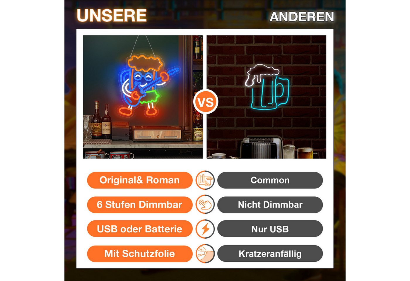 Laybasic Nachtlicht Beer Neon Schilder, 6 Helligkeit Einstellen, USB Batterie Gepierct, 35.5×36cm,für Club Party Spielzimmer – Bild 3 von 5