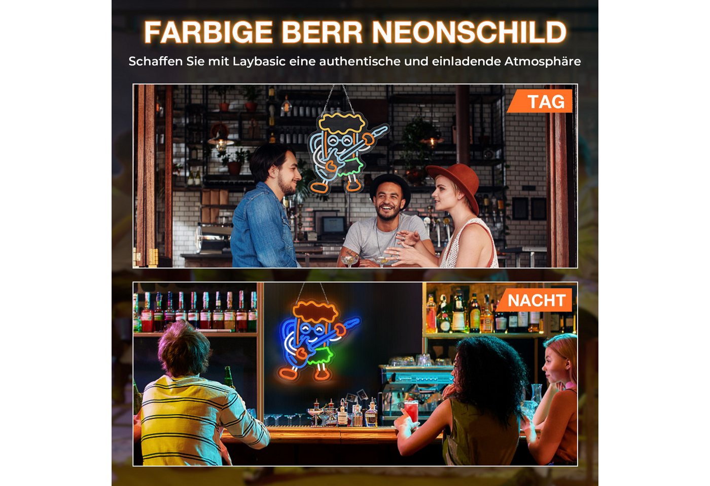 Laybasic Nachtlicht Beer Neon Schilder, 6 Helligkeit Einstellen, USB Batterie Gepierct, 35.5×36cm,für Club Party Spielzimmer – Bild 5 von 5