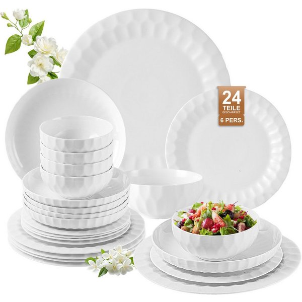 LB LICHTENBERG Tafelservice Geschirrset, Essservice Teller Set Porzellan, Weiß (24-tlg), 6 Personen, Keramik, Verschiedene Stile Geeignet für Spülmaschine & Mik