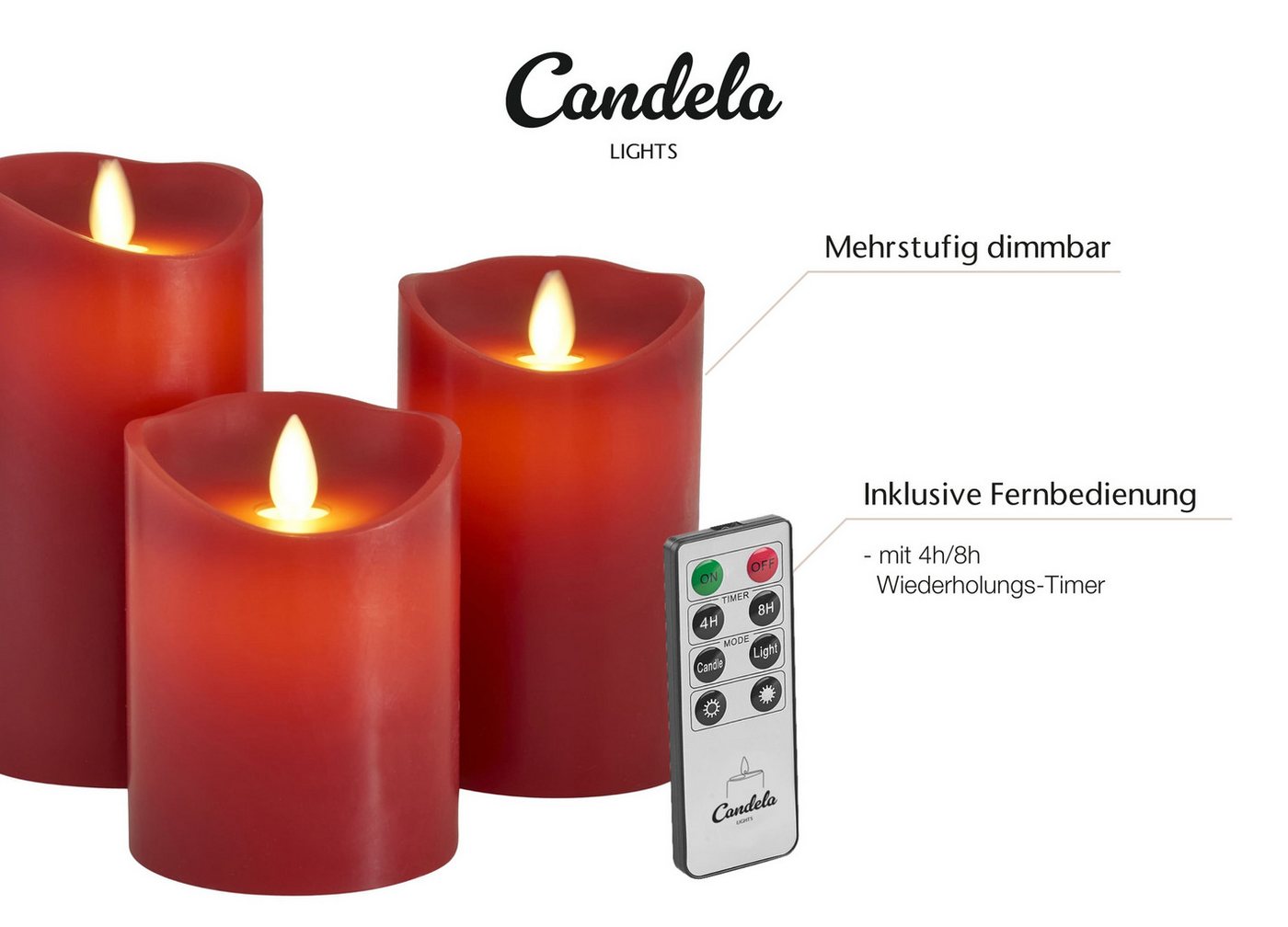 LC Home LED-Kerze Set Echtwachskerze Timerfunktion Fernbedienung LED Kerzen Dimmbar (Set, 3-tlg., LED Kerzen Set Stumpenkerzen mit Fernbedienung Timerfunktion d – Bild 3 von 5