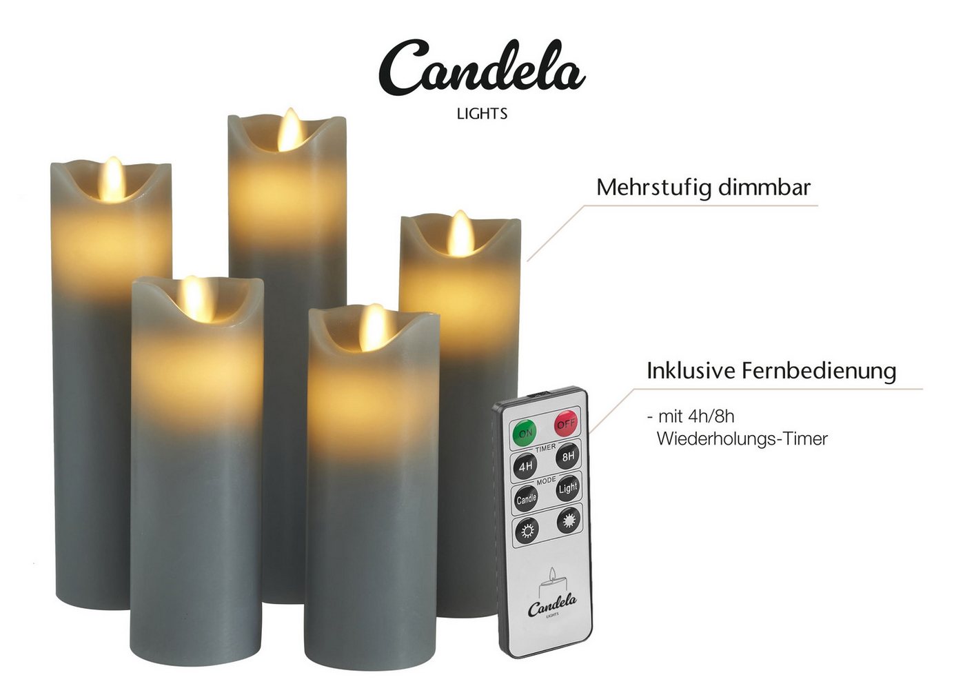 LC Home LED-Kerze Set Echtwachskerze Timerfunktion Fernbedienung LED Kerzen Dimmbar (Set, 5-tlg., LED Kerzen Set Stumpenkerzen mit Fernbedienung Timerfunktion d – Bild 5 von 5