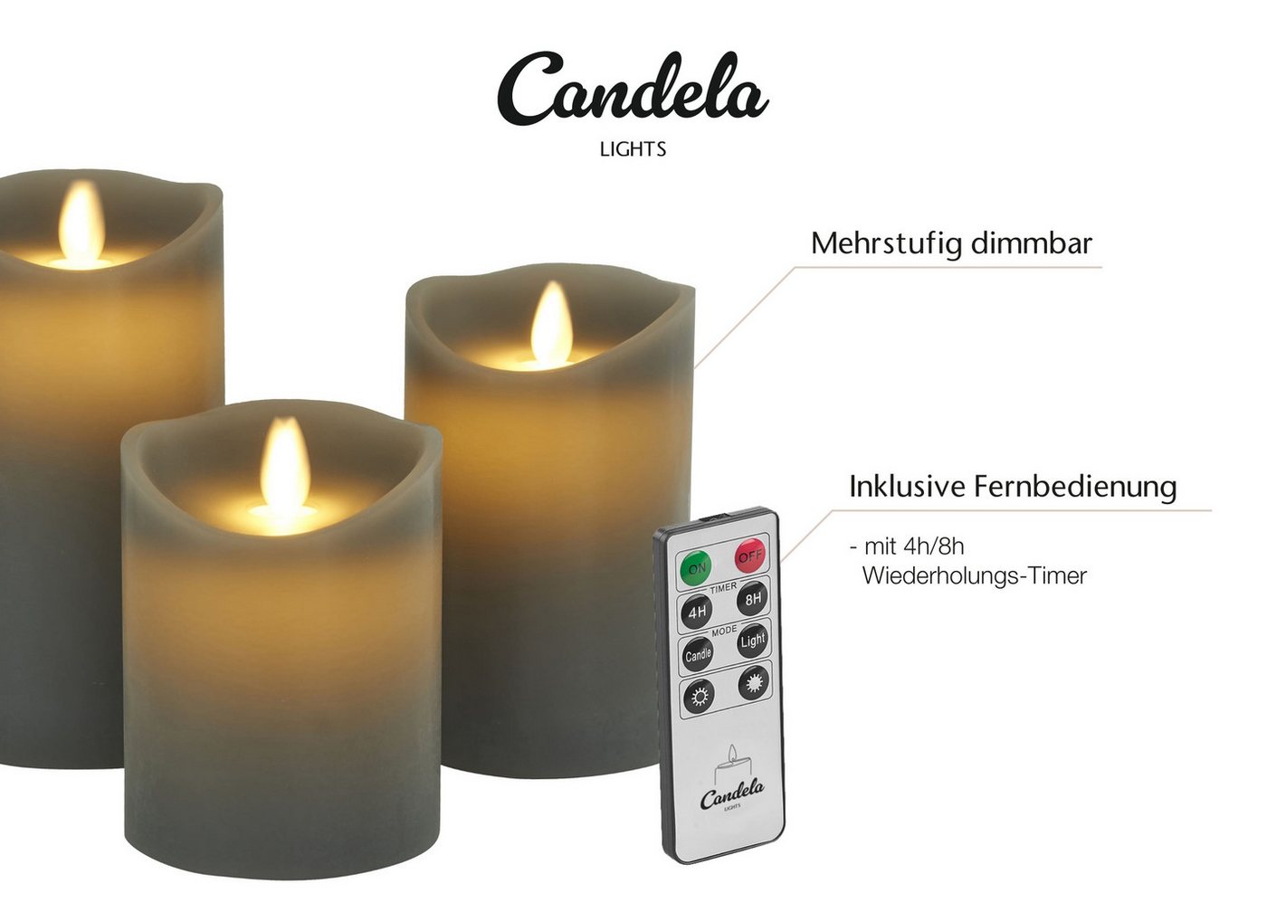 LC Home LED-Kerze Set Echtwachskerze Timerfunktion Fernbedienung LED Kerzen Dimmbar (Set, 3-tlg., LED Kerzen Set Stumpenkerzen mit Fernbedienung Timerfunktion d – Bild 3 von 5
