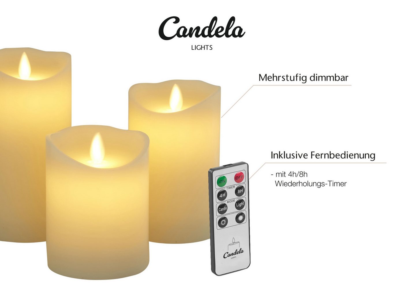 LC Home LED-Kerze Set Echtwachskerze Timerfunktion Fernbedienung LED Kerzen Dimmbar (Set, 3-tlg., LED Kerzen Set Stumpenkerzen mit Fernbedienung Timerfunktion d – Bild 3 von 5