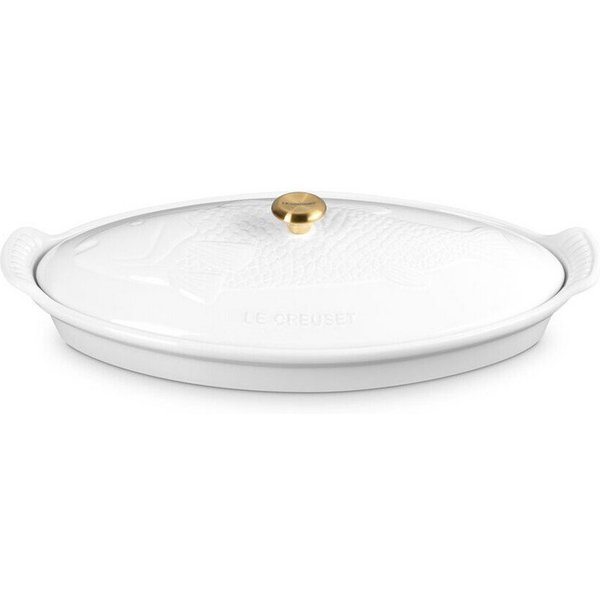 LE CREUSET Backform Fischbackform mit Deckel 34 cm Tradition White, (1-tlg), 1,6l, Steinzeug, mikrow.- & spülm.sicher, glasiert, weiß