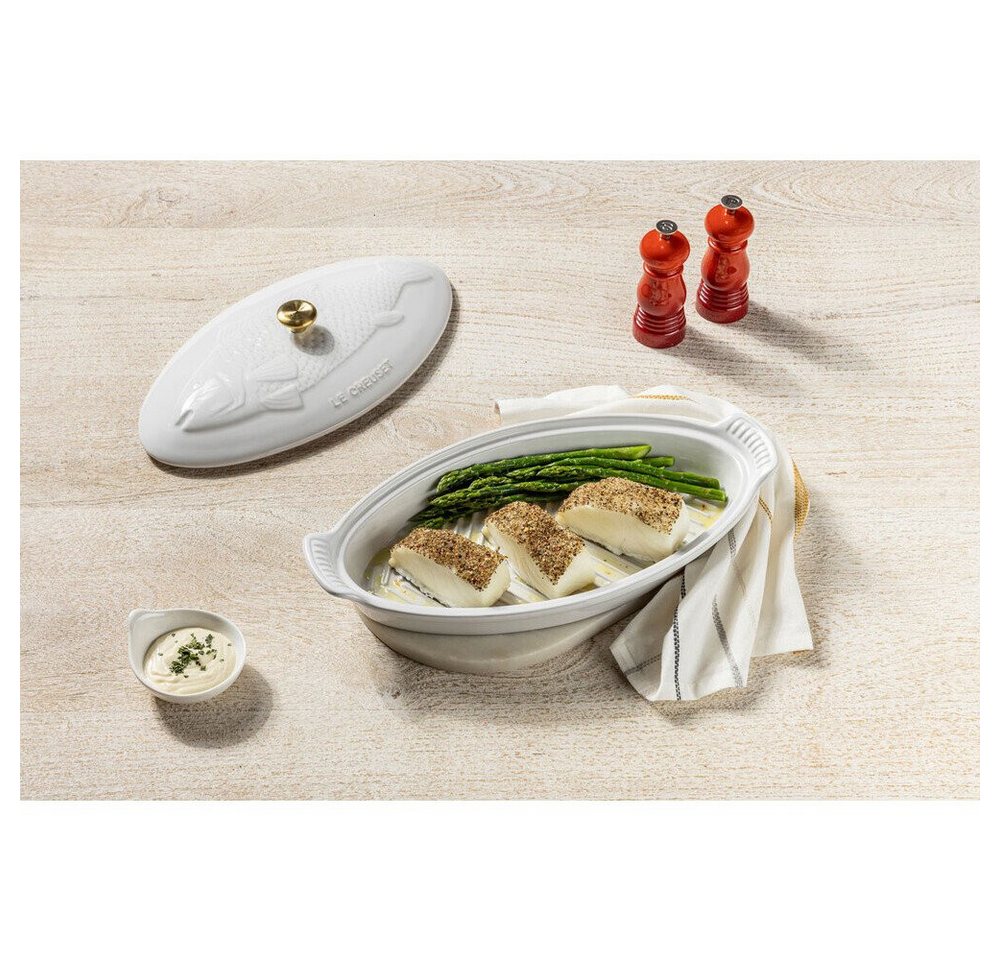 LE CREUSET Backform Fischbackform mit Deckel 34 cm Tradition White, (1-tlg), 1,6l, Steinzeug, mikrow.- & spülm.sicher, glasiert, weiß – Bild 3 von 5