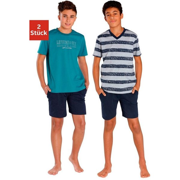 le jogger® Pyjama (4 tlg., 2 Sets) kurzer Schlafanzug gestreift und bedruckt, aus Baumwolle