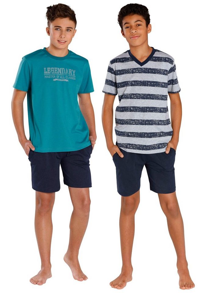 le jogger® Pyjama (4 tlg., 2 Sets) kurzer Schlafanzug gestreift und bedruckt, aus Baumwolle – Bild 2 von 3