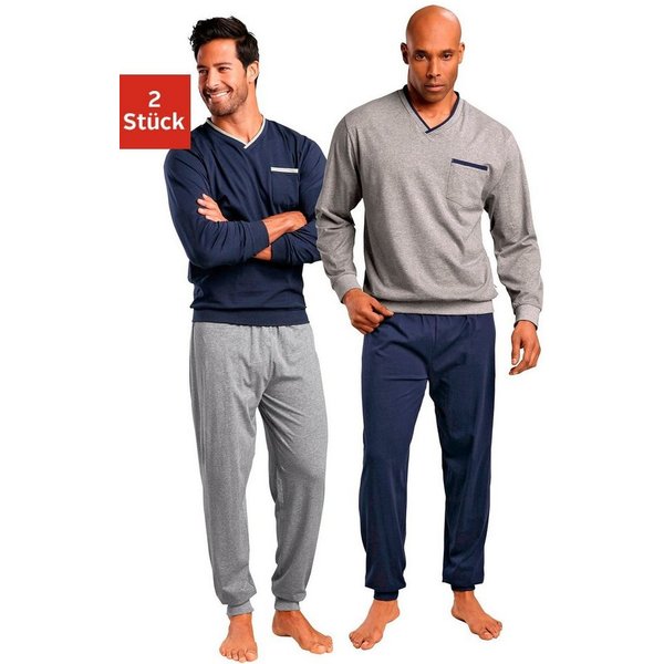 le jogger® Pyjama (Packung, 4 tlg., 2 Stück) in langer Form, mit V-Ausschnitt und Brusttasche