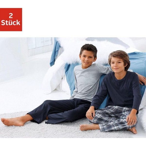 le jogger® Pyjama (Packung, 4 tlg., 2 Sets) langer Schlafanzug, kariert und unifarben, aus Baumwolle