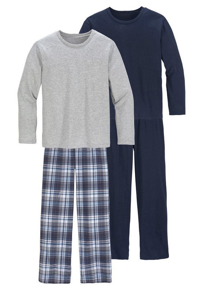 le jogger® Pyjama (Packung, 4 tlg., 2 Sets) langer Schlafanzug, kariert und unifarben, aus Baumwolle – Bild 2 von 5