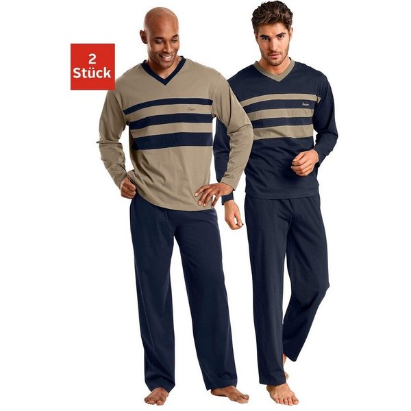 le jogger® Pyjama (Packung, 4 tlg., 2 Stück) Schlafanzug mit kontrastfarbigen Einsätzen vorn