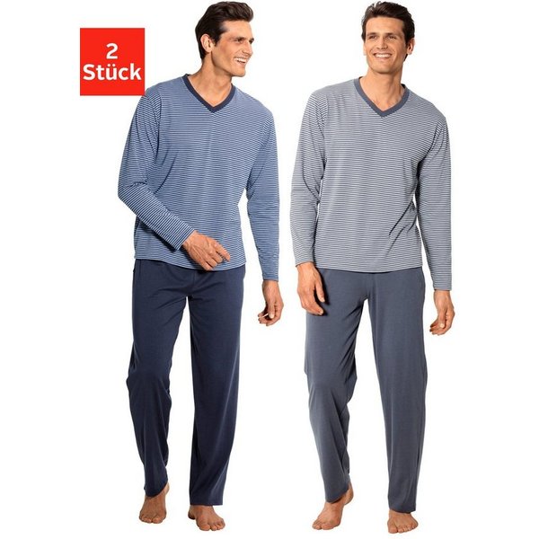 le jogger® Pyjama (Packung, 4 tlg., 2 Stück) Schlafanzug mit garngefärbten Streifen