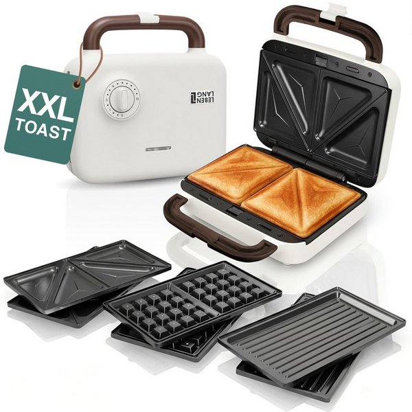 Lebenlang 3-in-1-Sandwichmaker Waffeleisen - Sandwichmaker - Kontaktgrill - Für Panini, Waffeln & Co., 850 W, 3in1 Kombi-Gerät, 15 Min. Timer, Hochwertiges Holz