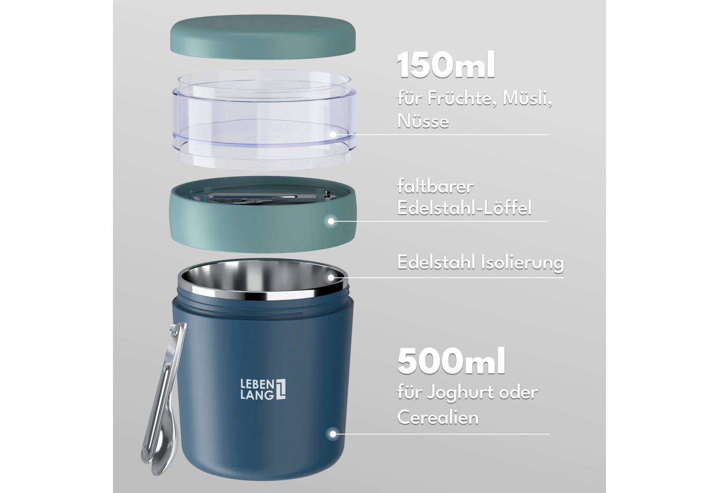 Lebenlang Aufbewahrungsbecher Müslibecher, Isolierende Edelstahlinnenwand, ToGo mit Löffel & 650ml, Edelstahl/Kunststoff, (500ml Becher, 150ml Aufsatz, Drehvers – Bild 3 von 5