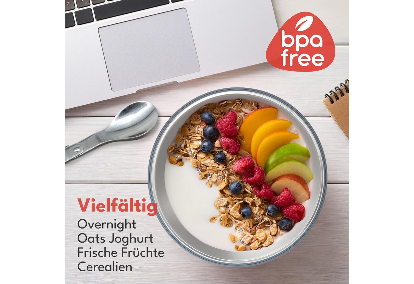 Lebenlang Aufbewahrungsbecher Müslibecher, Isolierende Edelstahlinnenwand, ToGo mit Löffel & 650ml, Edelstahl/Kunststoff, (500ml Becher, 150ml Aufsatz, Drehvers – Bild 4 von 5