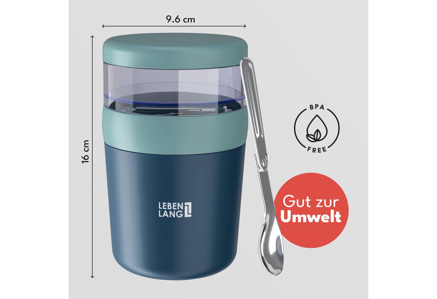 Lebenlang Aufbewahrungsbecher Müslibecher, Isolierende Edelstahlinnenwand, ToGo mit Löffel & 650ml, Edelstahl/Kunststoff, (500ml Becher, 150ml Aufsatz, Drehvers – Bild 5 von 5