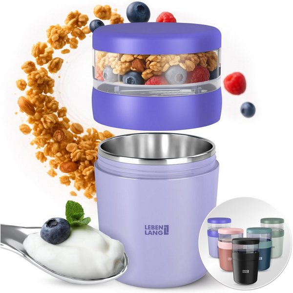 Lebenlang Aufbewahrungsbecher Müslibecher, Isolierende Edelstahlinnenwand, ToGo mit Löffel & 650ml, Edelstahl/Kunststoff, (500ml Becher, 150ml Aufsatz, Drehvers