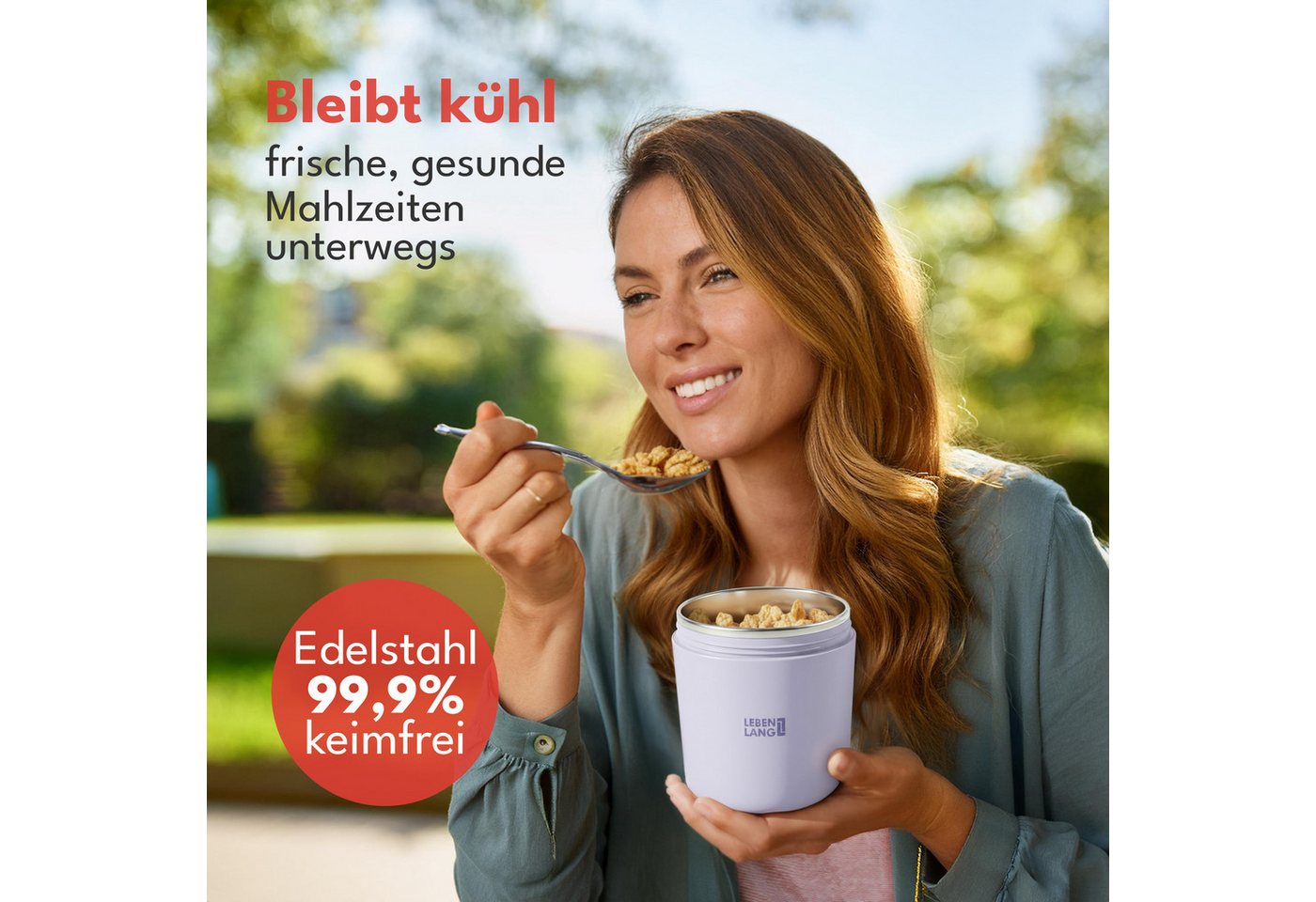 Lebenlang Aufbewahrungsbecher Müslibecher, Isolierende Edelstahlinnenwand, ToGo mit Löffel & 650ml, Edelstahl/Kunststoff, (500ml Becher, 150ml Aufsatz, Drehvers – Bild 2 von 5