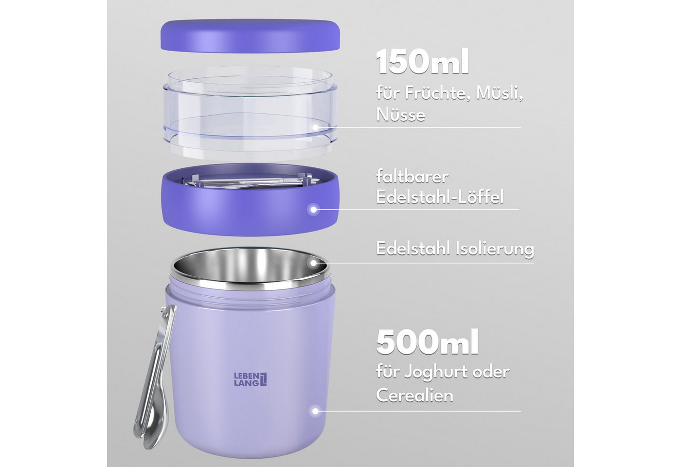 Lebenlang Aufbewahrungsbecher Müslibecher, Isolierende Edelstahlinnenwand, ToGo mit Löffel & 650ml, Edelstahl/Kunststoff, (500ml Becher, 150ml Aufsatz, Drehvers – Bild 3 von 5