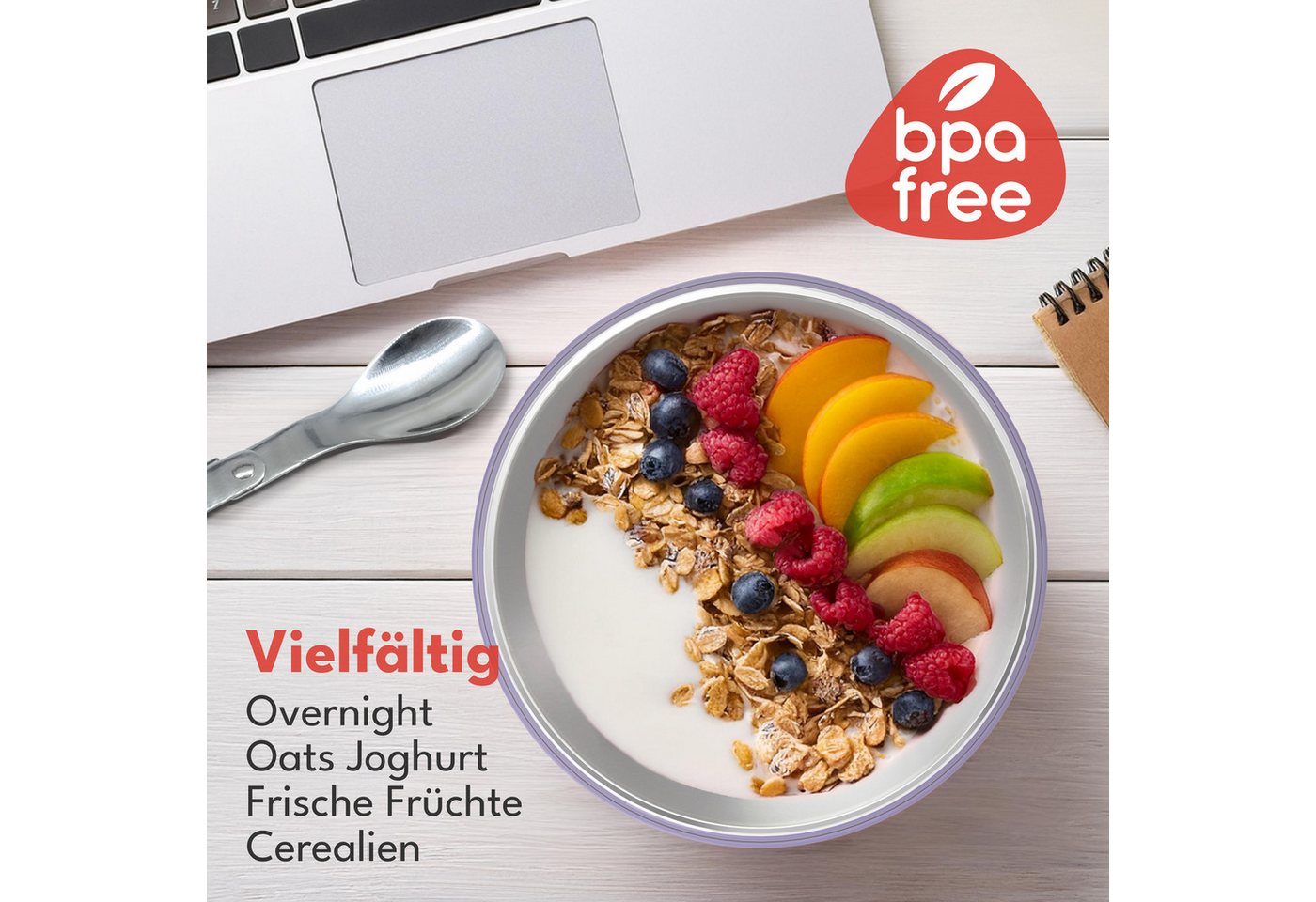 Lebenlang Aufbewahrungsbecher Müslibecher, Isolierende Edelstahlinnenwand, ToGo mit Löffel & 650ml, Edelstahl/Kunststoff, (500ml Becher, 150ml Aufsatz, Drehvers – Bild 4 von 5