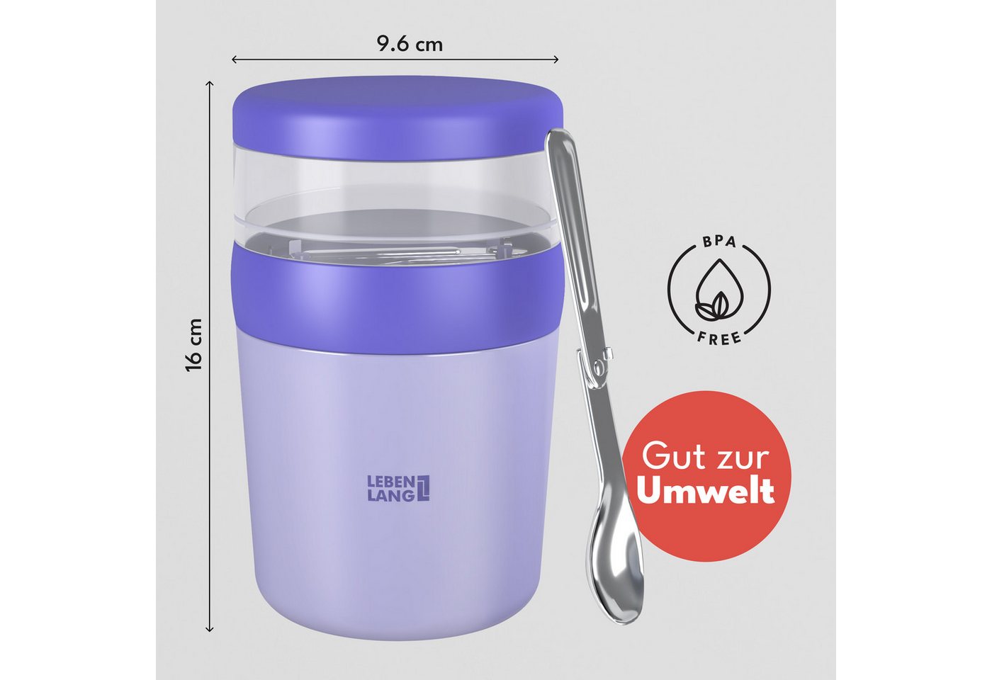 Lebenlang Aufbewahrungsbecher Müslibecher, Isolierende Edelstahlinnenwand, ToGo mit Löffel & 650ml, Edelstahl/Kunststoff, (500ml Becher, 150ml Aufsatz, Drehvers – Bild 5 von 5