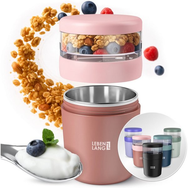 Lebenlang Aufbewahrungsbecher Müslibecher, Isolierende Edelstahlinnenwand, ToGo mit Löffel & 650ml, Edelstahl/Kunststoff, (500ml Becher, 150ml Aufsatz, Drehvers