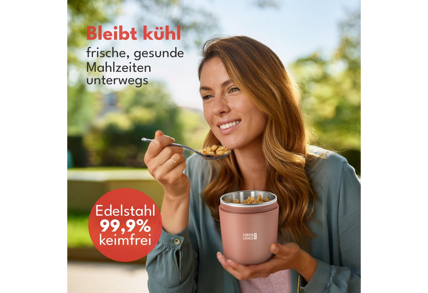 Lebenlang Aufbewahrungsbecher Müslibecher, Isolierende Edelstahlinnenwand, ToGo mit Löffel & 650ml, Edelstahl/Kunststoff, (500ml Becher, 150ml Aufsatz, Drehvers – Bild 2 von 5