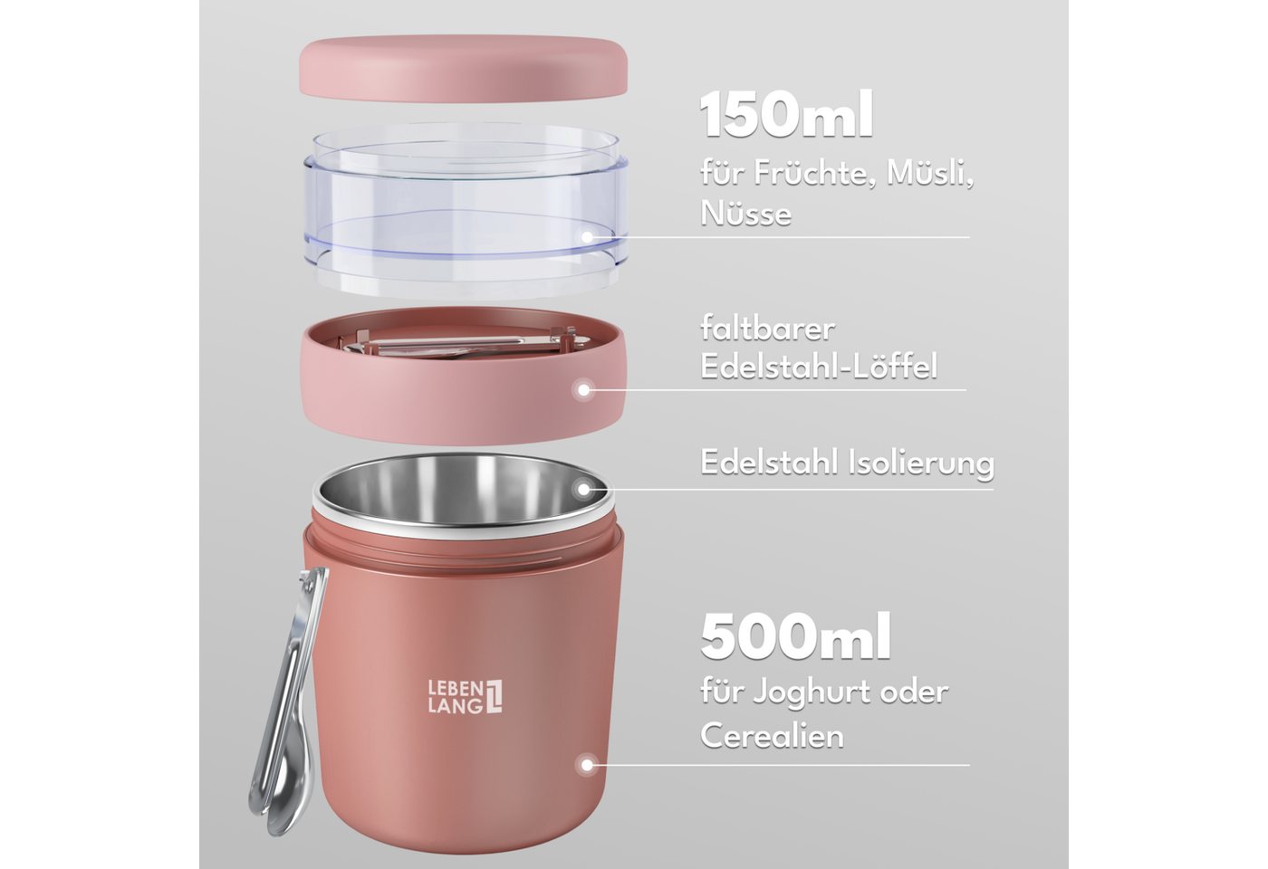 Lebenlang Aufbewahrungsbecher Müslibecher, Isolierende Edelstahlinnenwand, ToGo mit Löffel & 650ml, Edelstahl/Kunststoff, (500ml Becher, 150ml Aufsatz, Drehvers – Bild 3 von 5