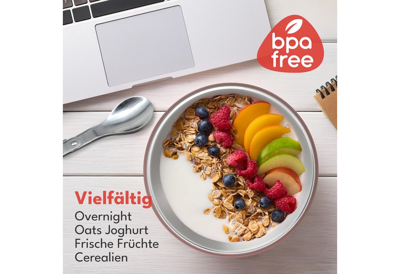 Lebenlang Aufbewahrungsbecher Müslibecher, Isolierende Edelstahlinnenwand, ToGo mit Löffel & 650ml, Edelstahl/Kunststoff, (500ml Becher, 150ml Aufsatz, Drehvers – Bild 4 von 5