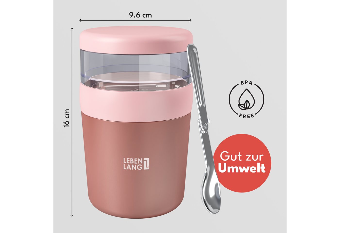 Lebenlang Aufbewahrungsbecher Müslibecher, Isolierende Edelstahlinnenwand, ToGo mit Löffel & 650ml, Edelstahl/Kunststoff, (500ml Becher, 150ml Aufsatz, Drehvers – Bild 5 von 5