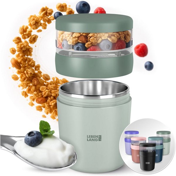 Lebenlang Aufbewahrungsbecher Müslibecher, Isolierende Edelstahlinnenwand, ToGo mit Löffel & 650ml, Edelstahl/Kunststoff, (500ml Becher, 150ml Aufsatz, Drehvers