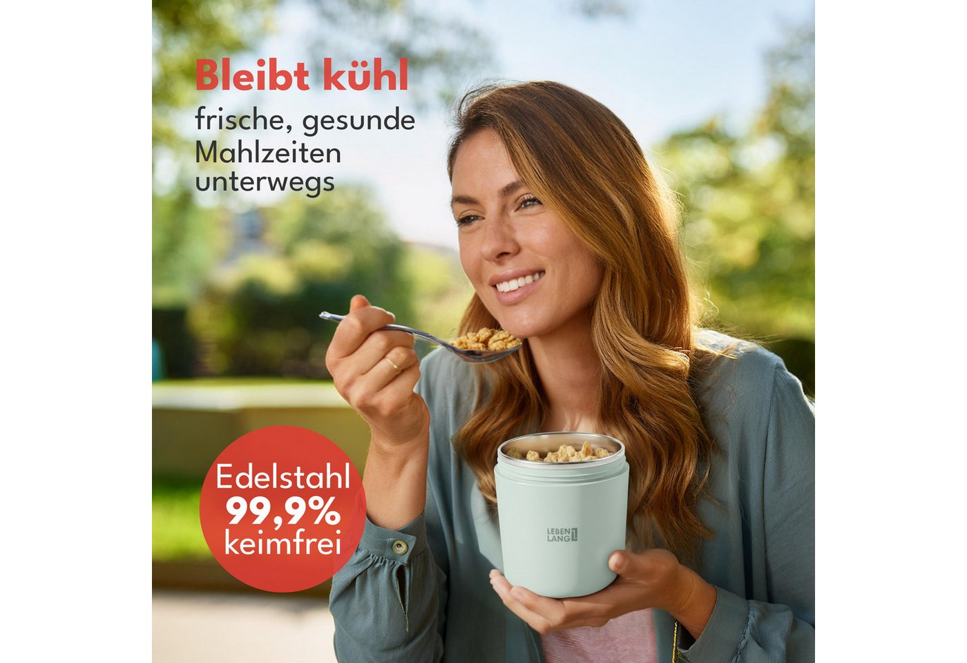 Lebenlang Aufbewahrungsbecher Müslibecher, Isolierende Edelstahlinnenwand, ToGo mit Löffel & 650ml, Edelstahl/Kunststoff, (500ml Becher, 150ml Aufsatz, Drehvers – Bild 2 von 5