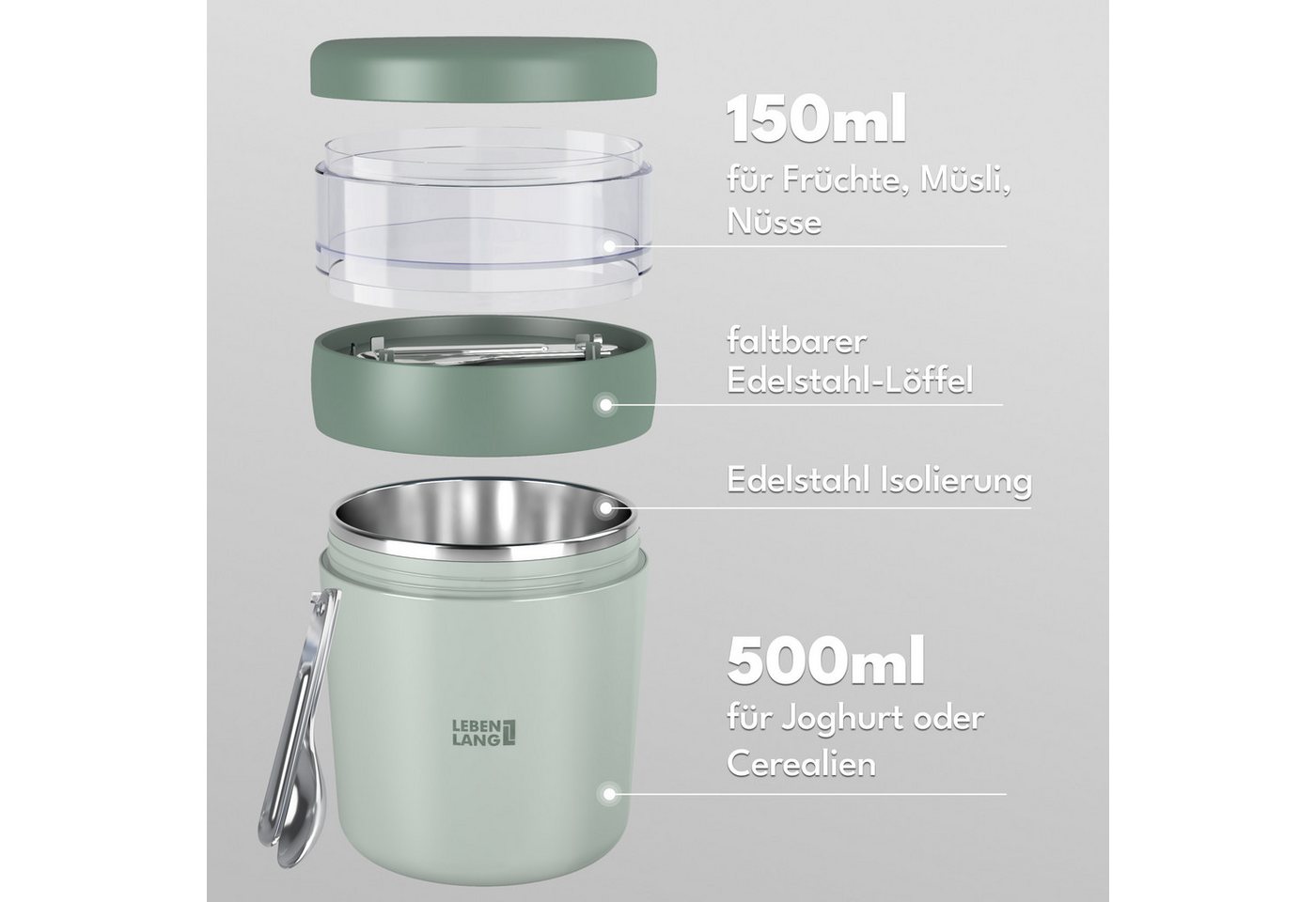 Lebenlang Aufbewahrungsbecher Müslibecher, Isolierende Edelstahlinnenwand, ToGo mit Löffel & 650ml, Edelstahl/Kunststoff, (500ml Becher, 150ml Aufsatz, Drehvers – Bild 3 von 5