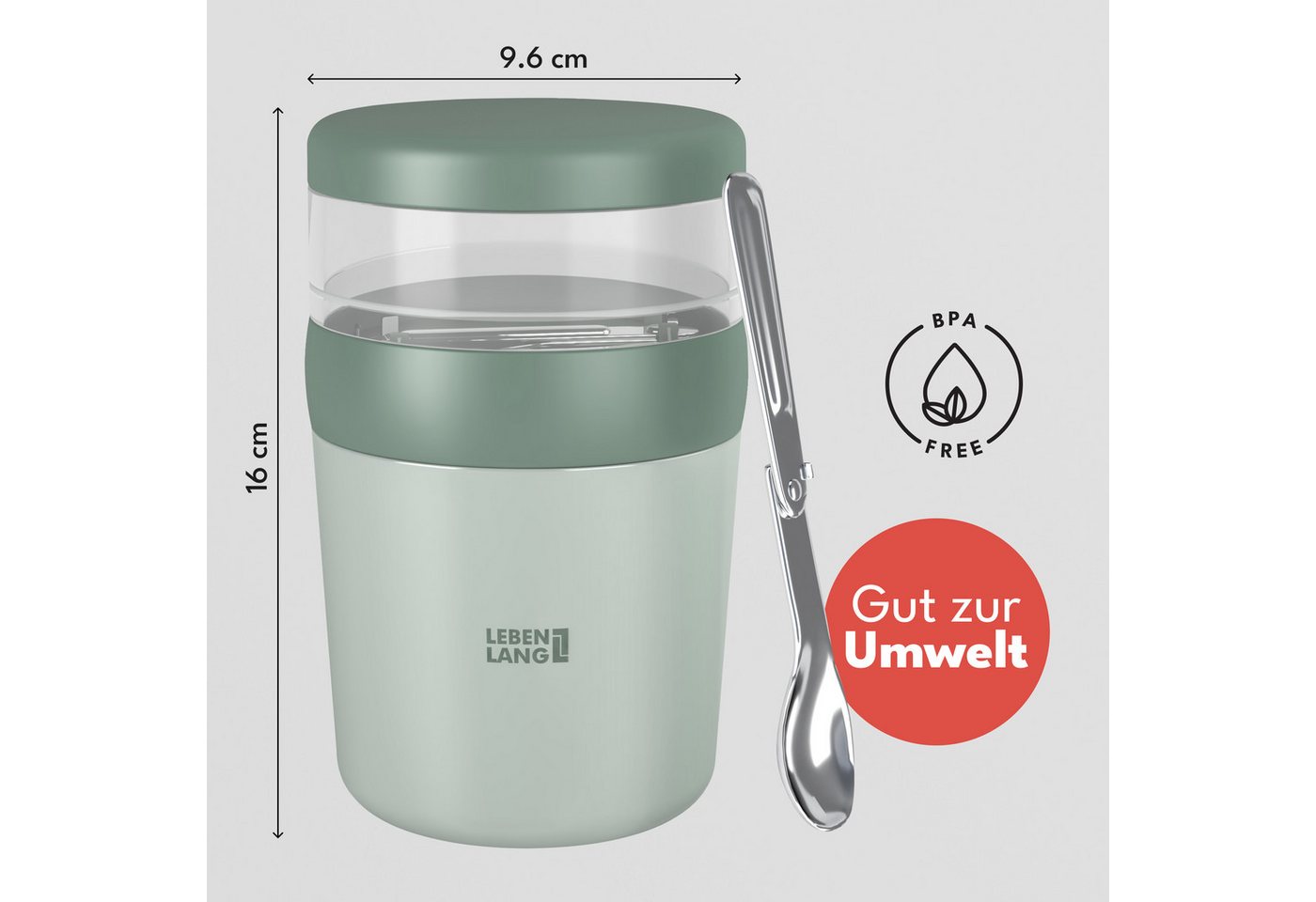 Lebenlang Aufbewahrungsbecher Müslibecher, Isolierende Edelstahlinnenwand, ToGo mit Löffel & 650ml, Edelstahl/Kunststoff, (500ml Becher, 150ml Aufsatz, Drehvers – Bild 5 von 5