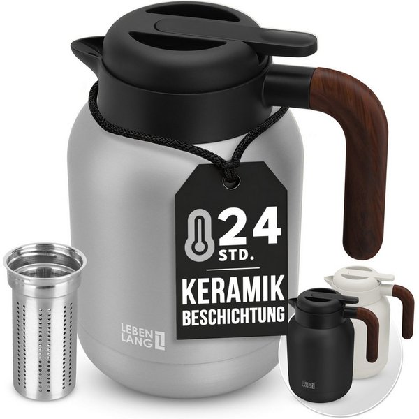 Lebenlang Isolierkanne 1,5L Thermoskanne inkl. Teesieb - Kaffee & Tee - Heiß & Kalt, 1.5 l, Innenwand aus Keramikbeschichtung, Auslaufsicher, Drehdeckel